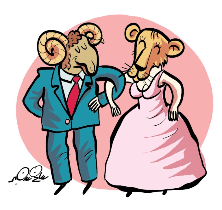 A cartoon of a ram in a suit and a lioness in a pink dress, posing together.