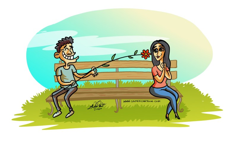 Cartoon showing a man offering a flower to a woman on a park bench while maintaining social distance during Covid.