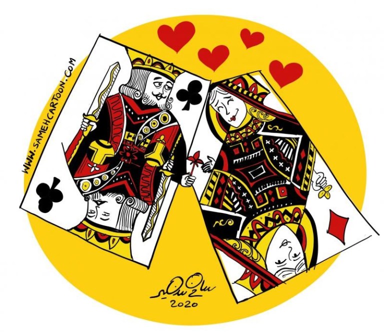 Cartoon depicting playing cards with a king and queen surrounded by hearts