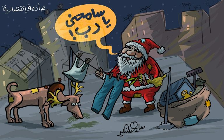 Cartoon of Santa Claus stealing laundry from rooftops during an economic crisis, saying 'Oh forgive me, O Lord!'