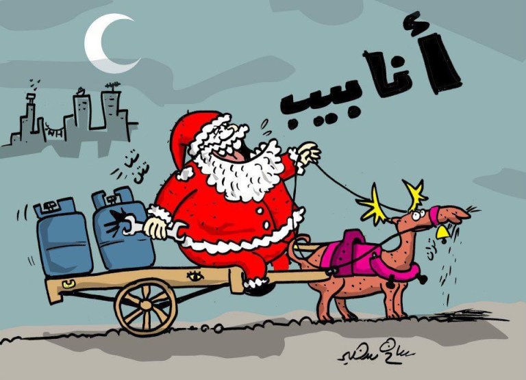 Cartoon of Santa Claus selling gas cylinders on a handcart in an Egyptian street scene