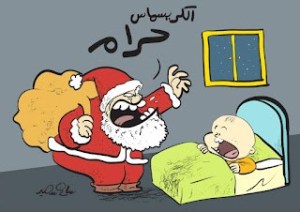 A cartoon depicting Santa Claus yelling at a scared child in bed.