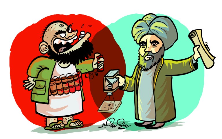 Cartoon contrasting an extremist with explosives labeled 'weapon of mass destruction' and a historical Islamic scholar holding a scroll and lantern.