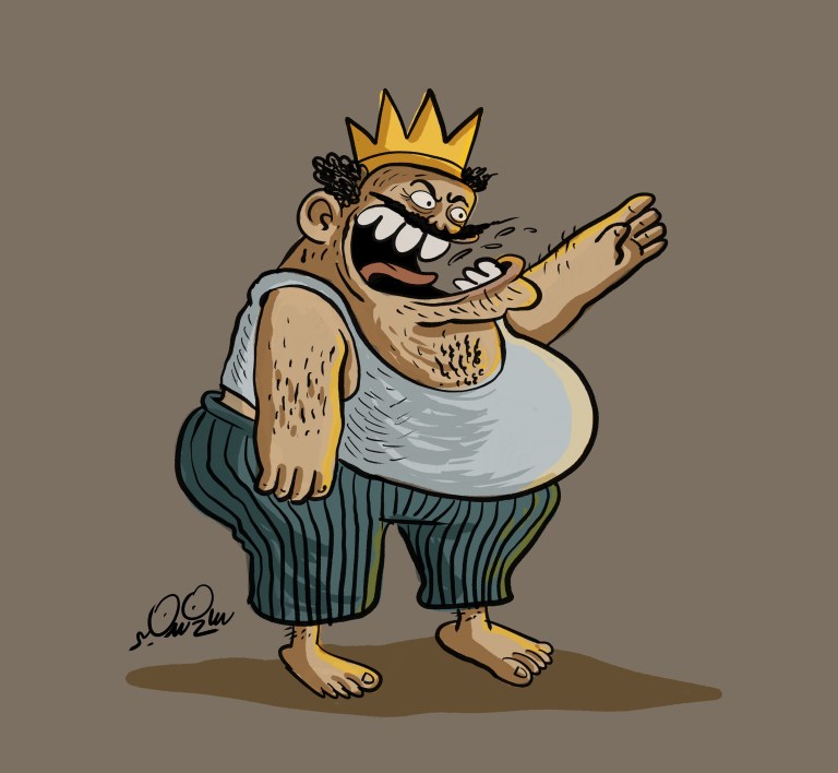Cartoon of a man with a crown and exaggerated features pointing and shouting.