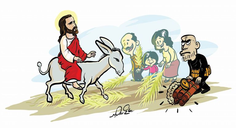 Cartoon of Jesus riding a donkey on Palm Sunday, greeted joyfully, with a terrorist placing a bomb instead of palm leaves.