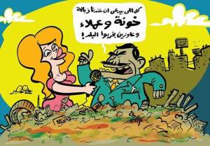 Cartoon of a reporter and an official deep in garbage, with the official denying the existence of trash and accusing critics of being traitors.