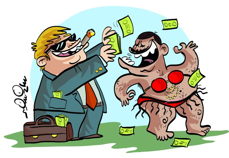 Cartoon of a World Bank official throwing money at a dancer in the style of Egyptian nightclubs, satirizing political loans.