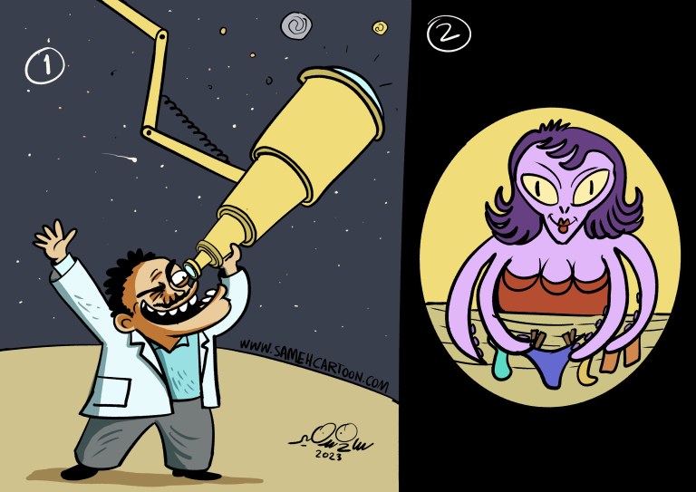 A cartoon depicting a scientist looking through a telescope and an alien woman with multiple arms.