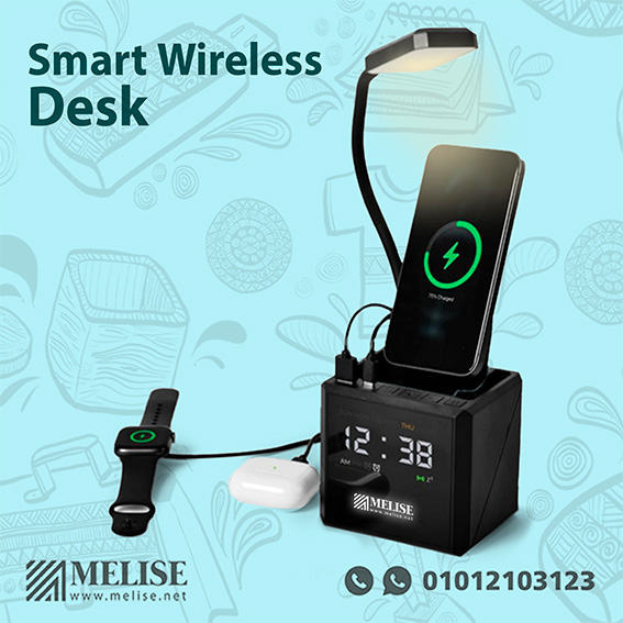 Smart Wireless Desk with foldable design, warm adjustable lamp, wireless charging for devices, and built-in Bluetooth alarm clock