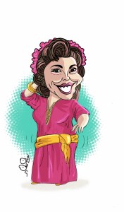 Cartoon of Taheyya Kariokka, the Egyptian dancer, smiling in a vibrant pink dress with a yellow belt.