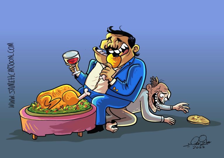 Cartoon of a wealthy man enjoying a feast while a poor man reaches for bread.