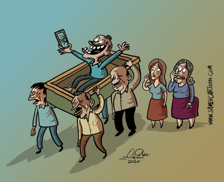A cartoon depicting a man joyfully holding a phone while being carried in a coffin by others, with onlookers reacting.