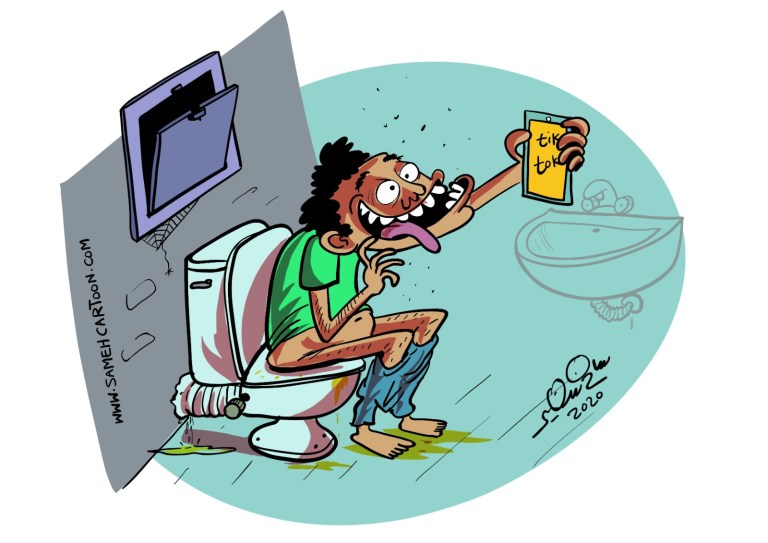 A cartoon of a man on a toilet taking a selfie with a phone showing TikTok