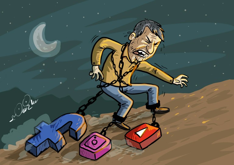 A cartoon depicting a man struggling to walk while chained to social media icons.