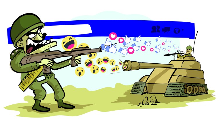 Cartoon of soldiers in combat using social media icons like likes and reactions as weapons.