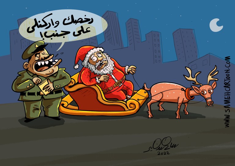 A cartoon depicting a soldier confronting Santa Claus in a sleigh with a reindeer.