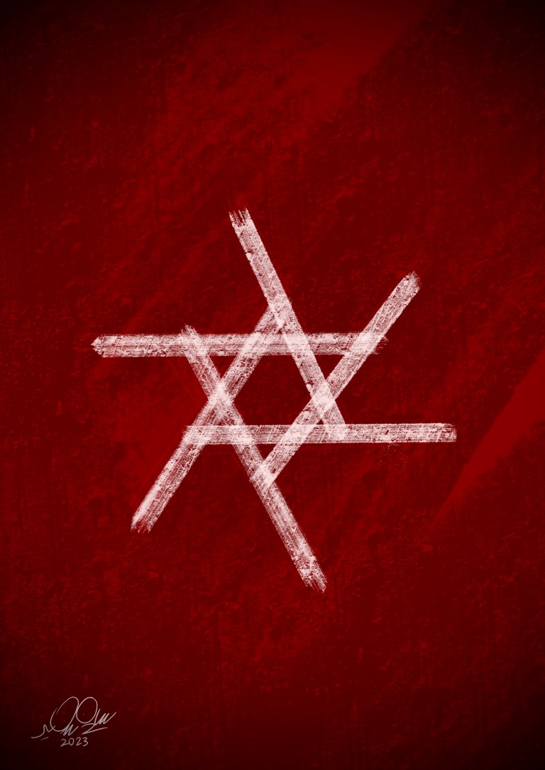 A Star of David transforming into a swastika shape on a red flag, symbolizing the concept of Zionism as the new Nazism.