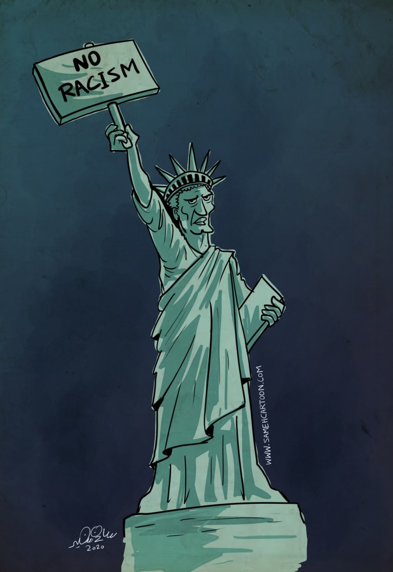 Cartoon illustration of the Statue of Liberty holding a sign that reads 'No Racism', symbolizing anti-racism.