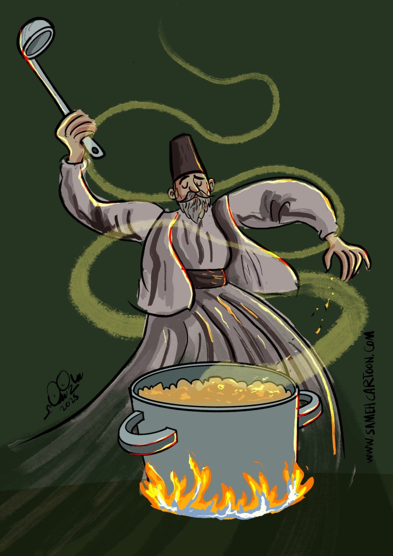 A man in Sufi attire joyfully dances while stirring a pot over a fire, merging spiritual movement with cooking.