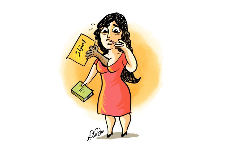 A cartoon showing a professor's hands emerging from a student's chest holding an exam paper, symbolizing sexual harassment and exploitation in universities