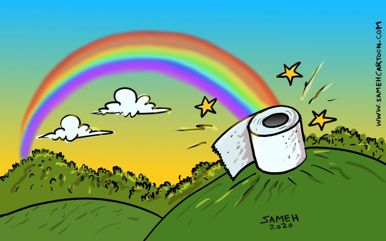 A cartoon featuring a roll of toilet paper on a hill with a rainbow in the background.