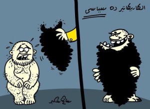Cartoon showing Islamist politicians in Egypt covered only by exaggerated beards, appearing naked once religious symbolism is removed
