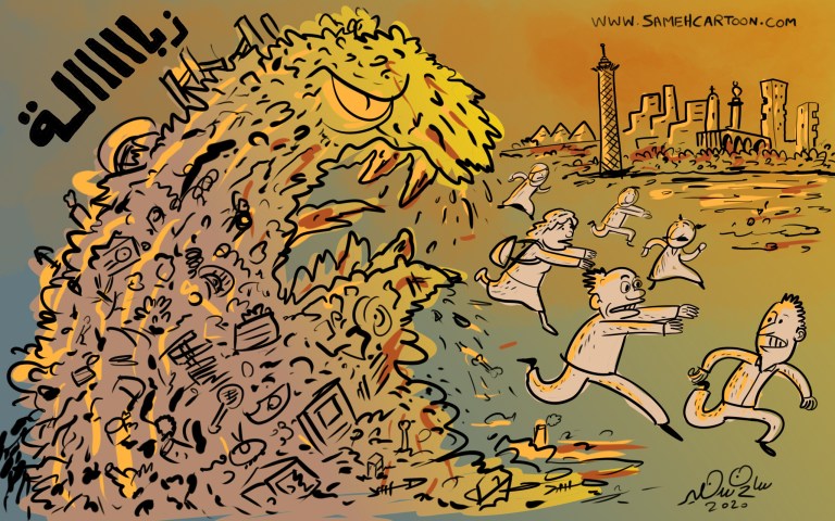 A cartoon depicting a monster made of trash chasing people in a cityscape.