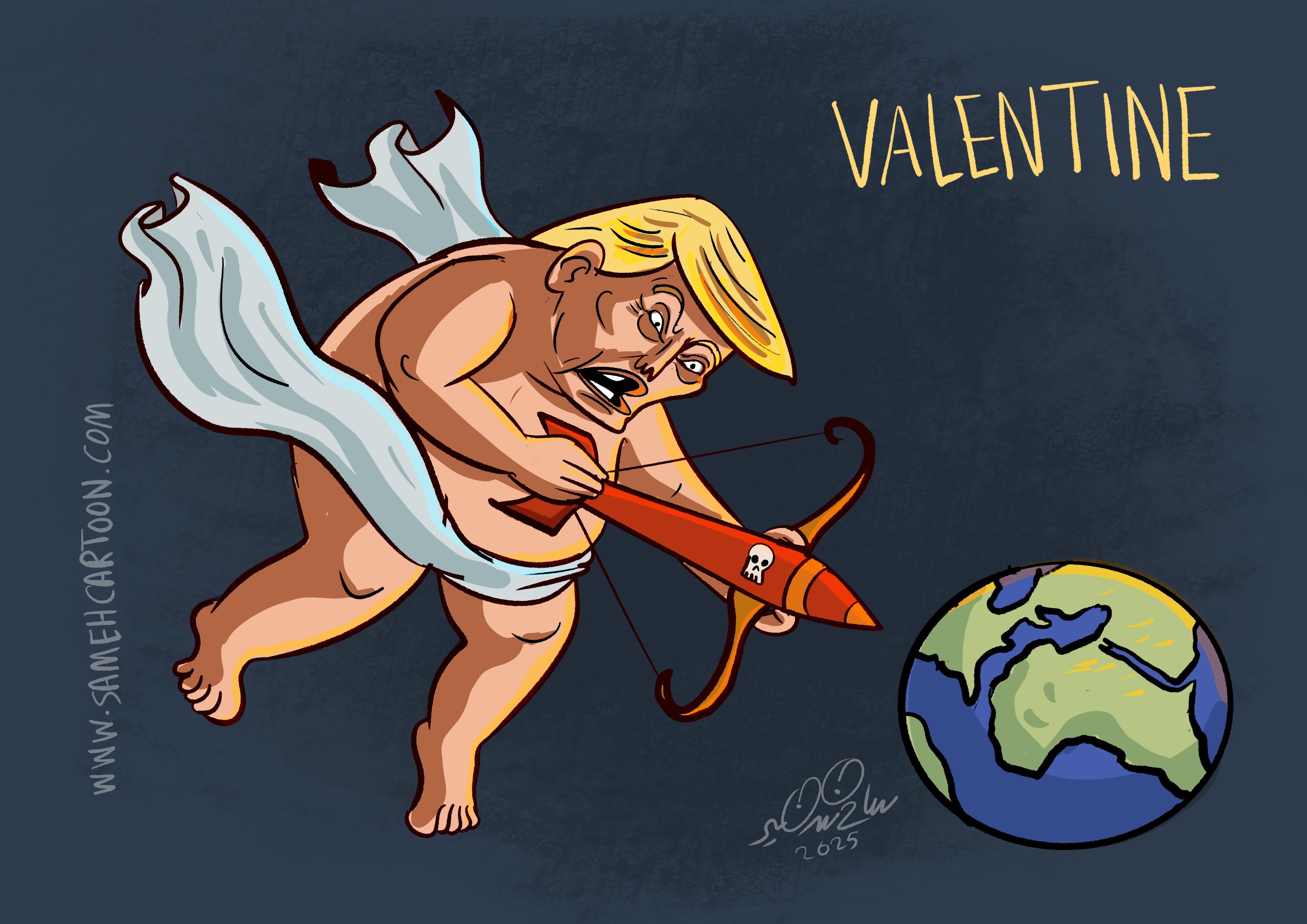 Trump as Cupid firing a missile at Earth political satire cartoon by Sameh Samir