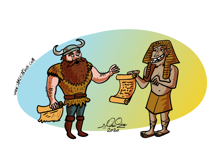Cartoon showing a Viking and an ancient Egyptian exchanging scrolls in a playful cultural exchange.
