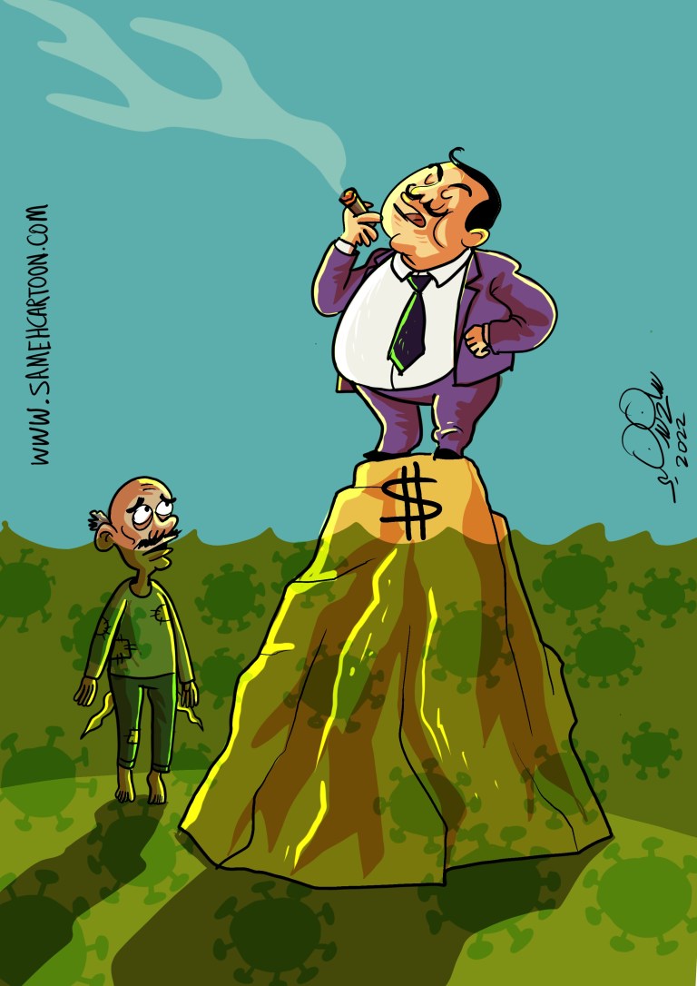 A wealthy man stands on a dollar sign pedestal, smoking a cigar, while a poor man looks up at him.