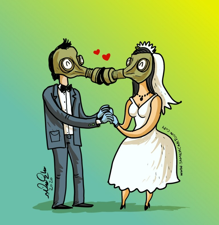 A cartoon of a couple in gas masks holding hands at their wedding.