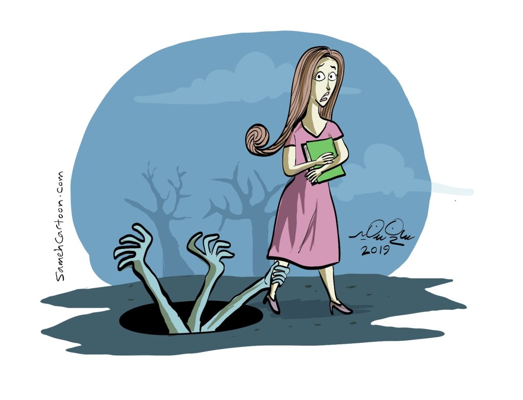 A cartoon illustrating girls’ fears with zombie-like hands emerging from manholes symbolizing harassment threats.
