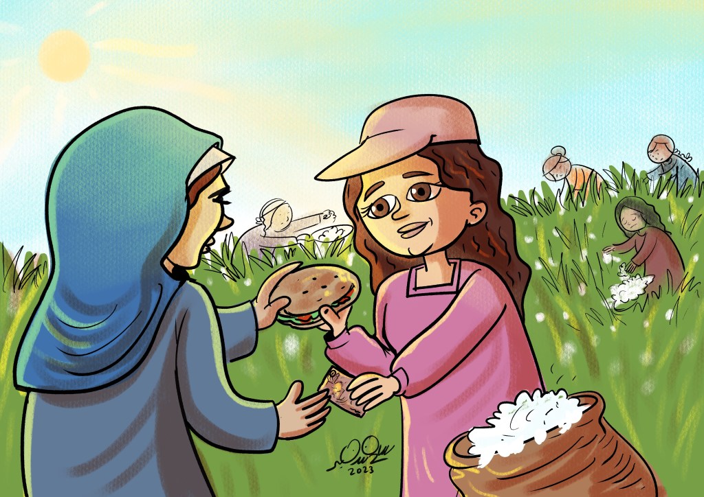 Cartoon of a young girl working in a cotton field under the sun, supervised by an adult, with visible exhaustion and minimal food.