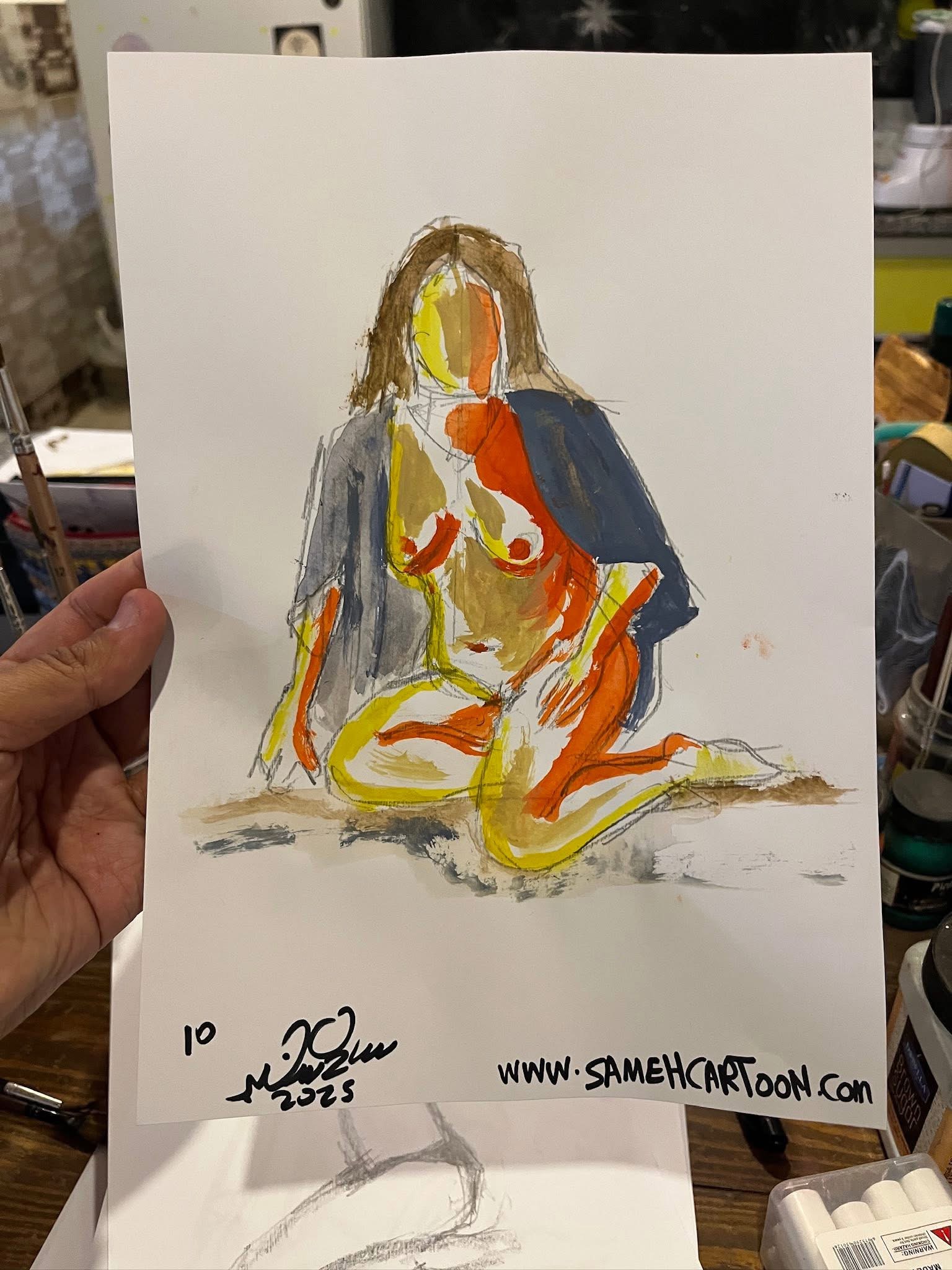 A colorful abstract figure painting of a kneeling model held by hand.