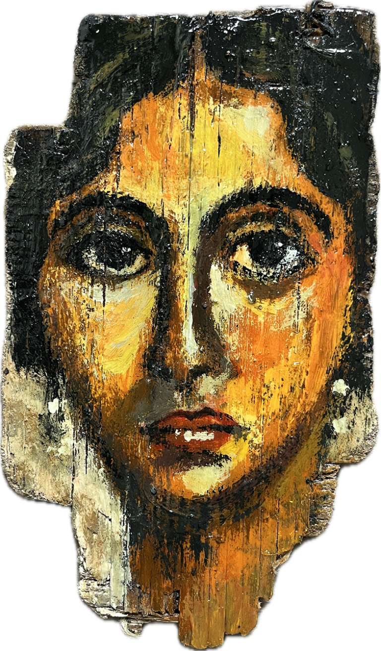 Digital portrait of a woman inspired by Fayum mummy portraits, painted on wood by Sameh Samir.