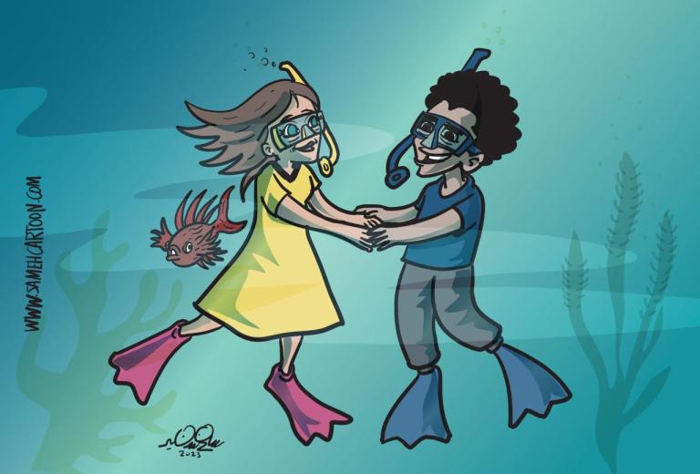 Cartoon of a boy and girl snorkeling underwater, holding hands in a playful scene.