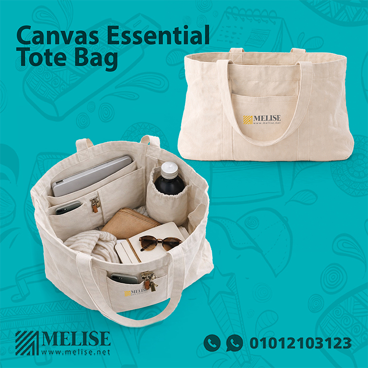 Canvas Essential Tote Bag in natural fabric with printed logo, spacious design ideal for everyday use and corporate branding