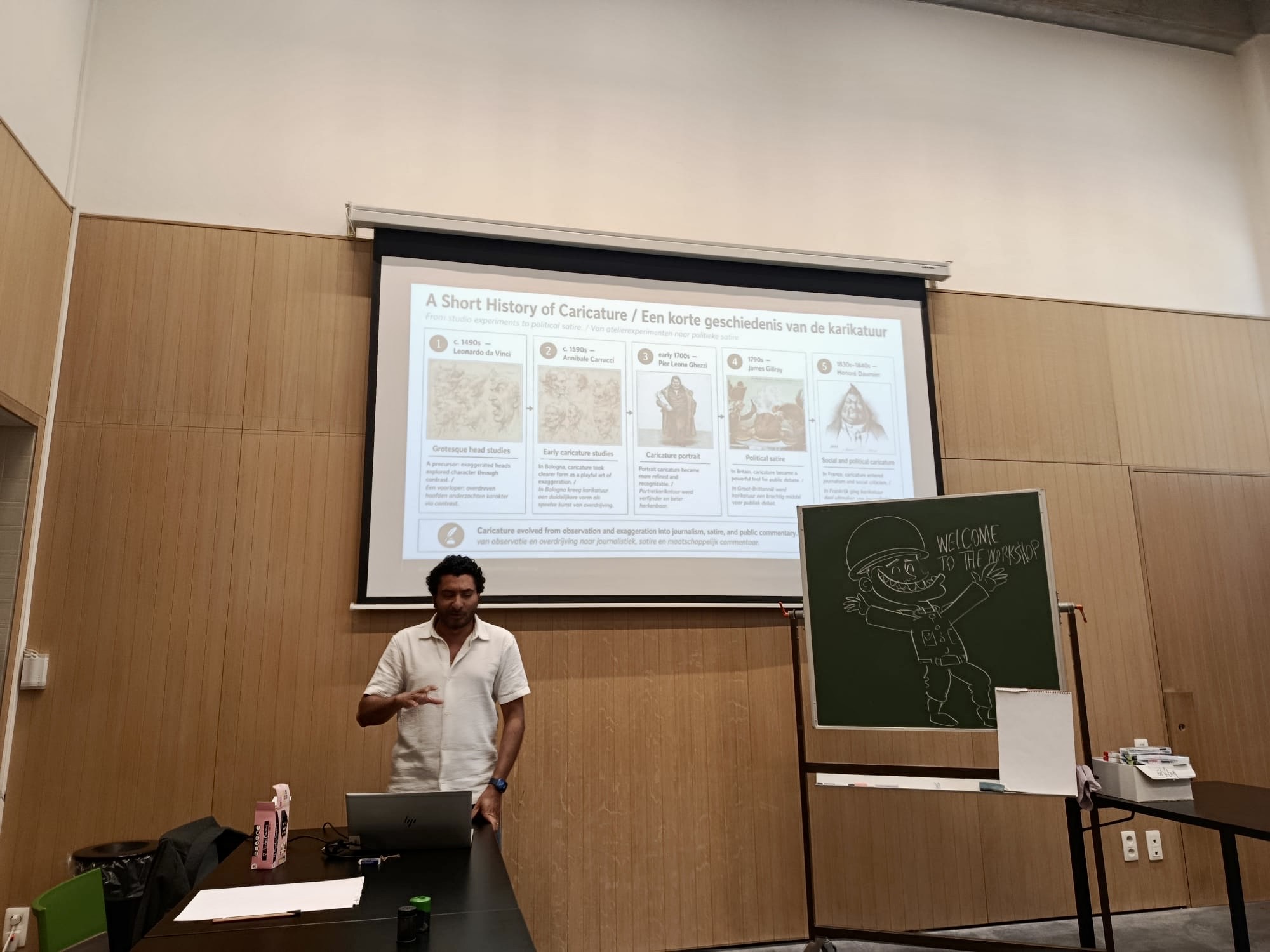 Karikatuur workshop Buggenhout with Sameh Samir teaching cartoon drawing, caricature and visual storytelling