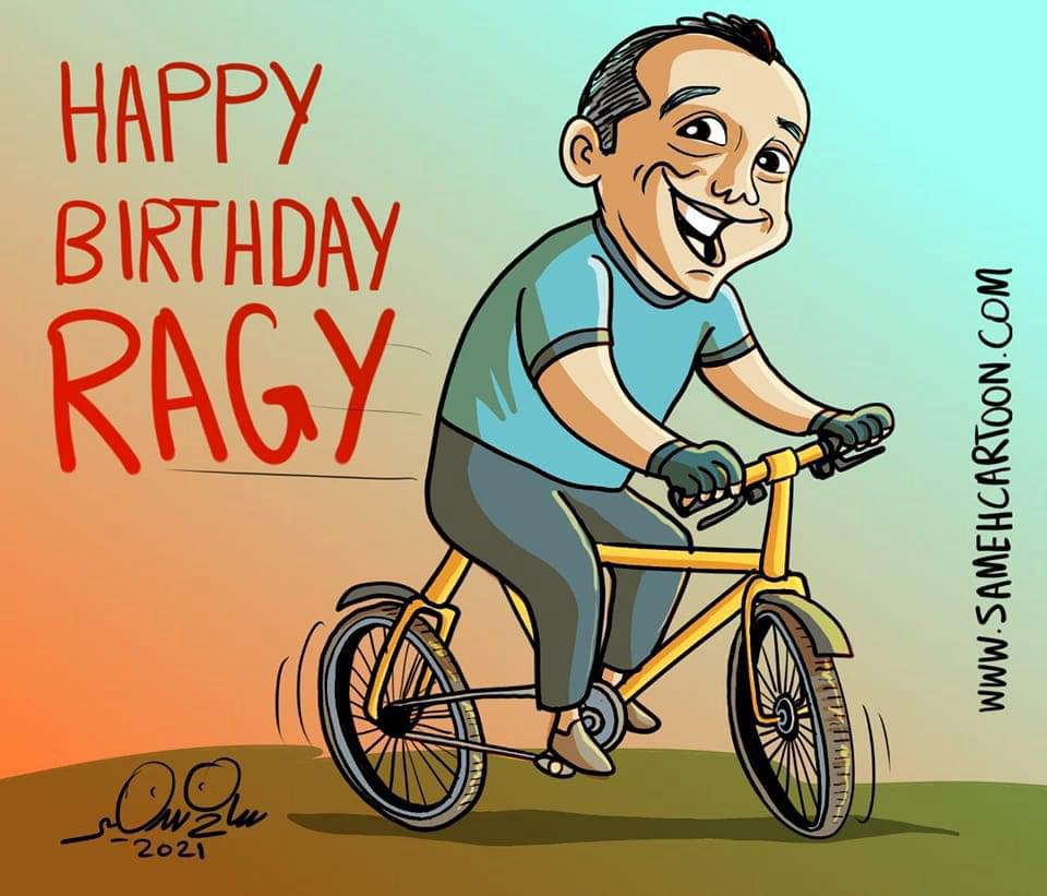 Birthday caricature of a man riding a bicycle