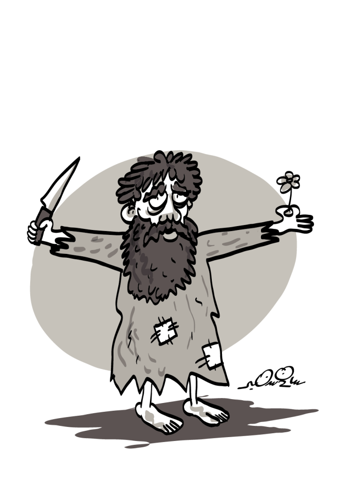Cartoon of a ragged man holding a knife in one hand and a flower in the other, highlighting contrast.