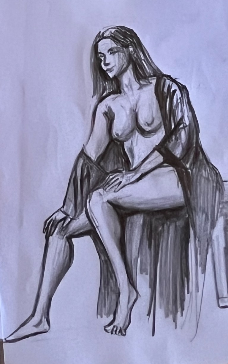 Charcoal sketch of a seated woman with draped fabric, showcasing artistic technique.