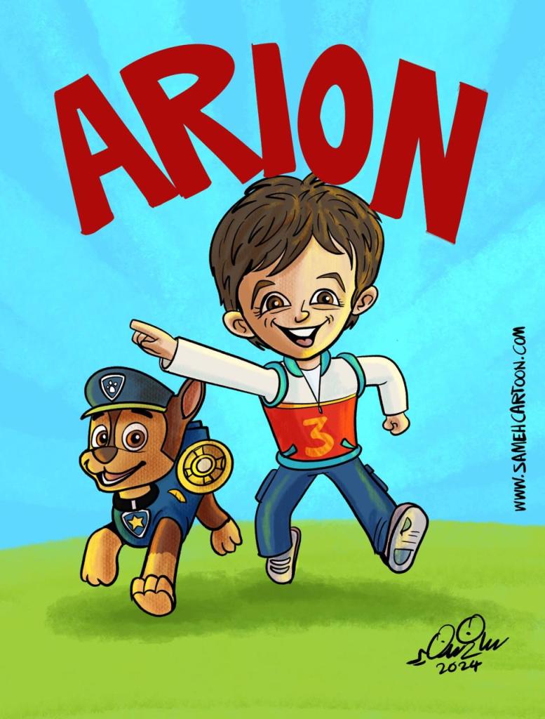 Cartoon illustration of a smiling child and a happy dog running side by side, with 'ARION' text above.