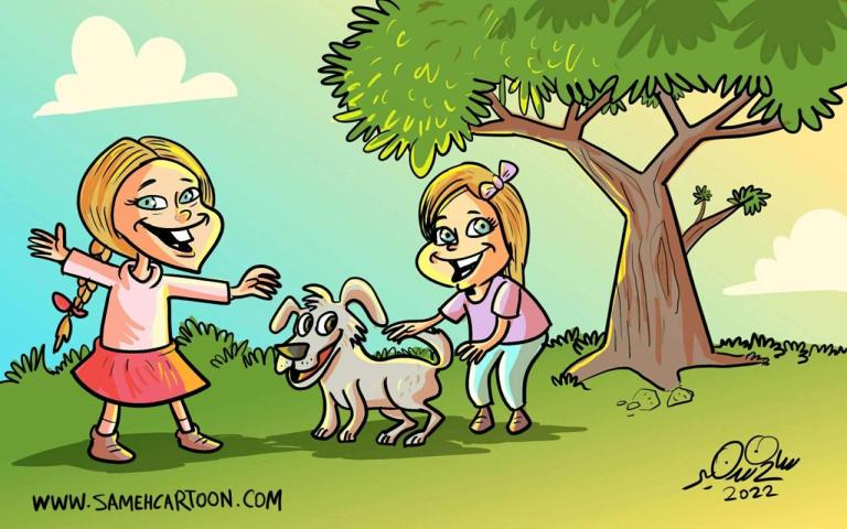 Cartoon of two girls playing with a dog under a tree, expressing happiness and fun.