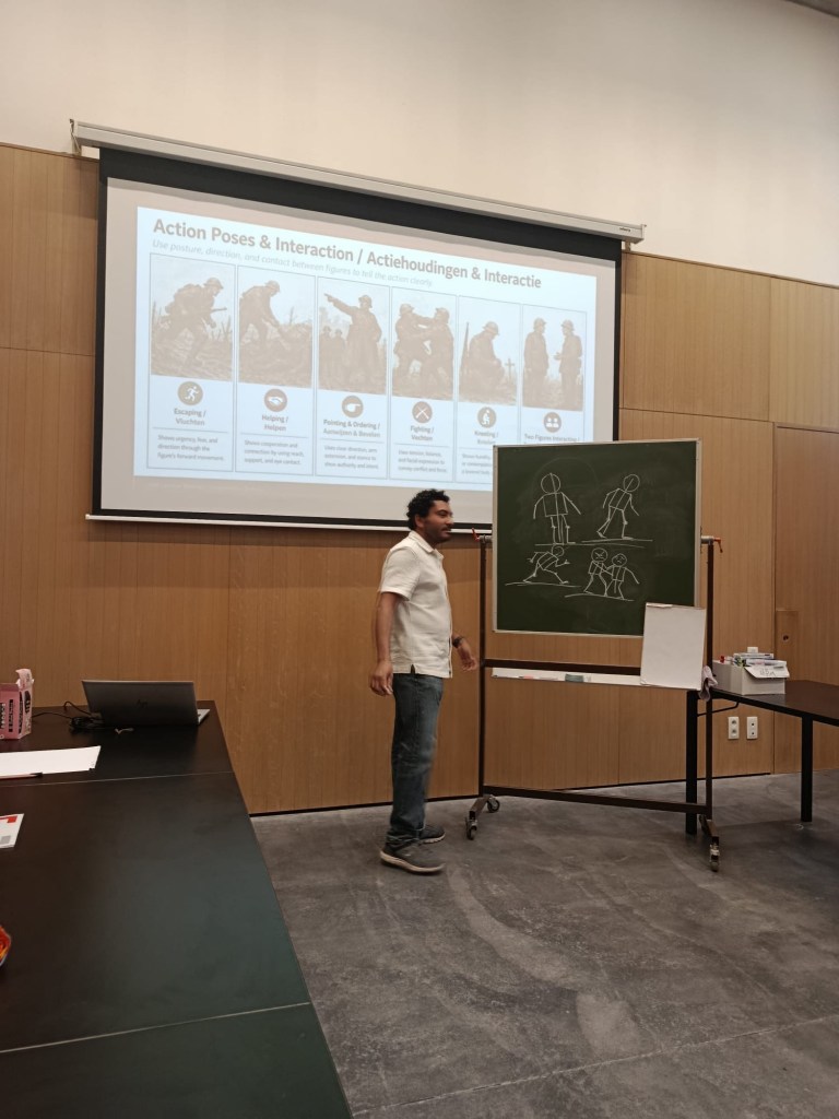 Sameh Samir conducting a political cartoon workshop at the Ypres World War I Museum during Belgian Heritage Day
