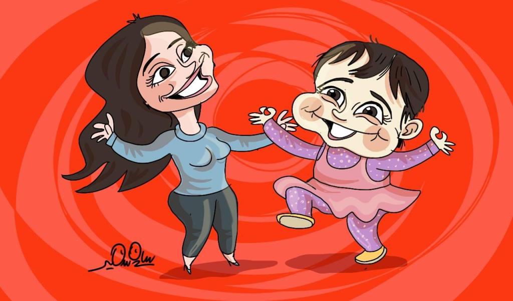 Cartoon of a woman and child dancing happily with exaggerated facial expressions on a red background.