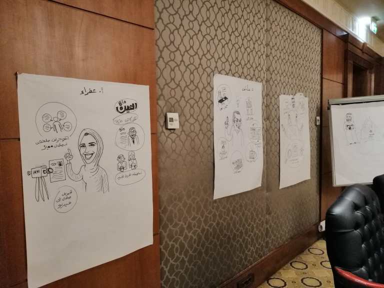 Live cartoon sketch by Sameh Cartoon illustrating a board meeting of Al Ain News Foundation at Nile Ritz Hotel in Cairo, with participants discussing around a conference table.