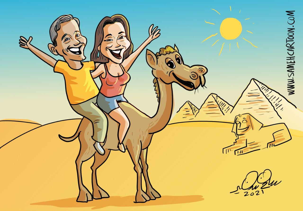 Travel caricature of a couple riding a camel near the pyramids