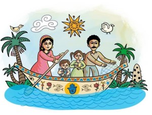 Cartoon of a family in a decorated boat symbolizing empowerment and support