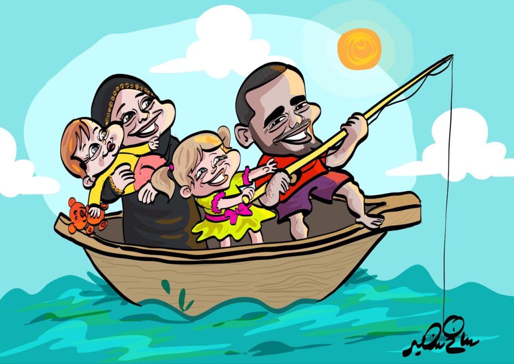 Cartoon showing a cheerful family fishing together on a small boat under a sunny sky.