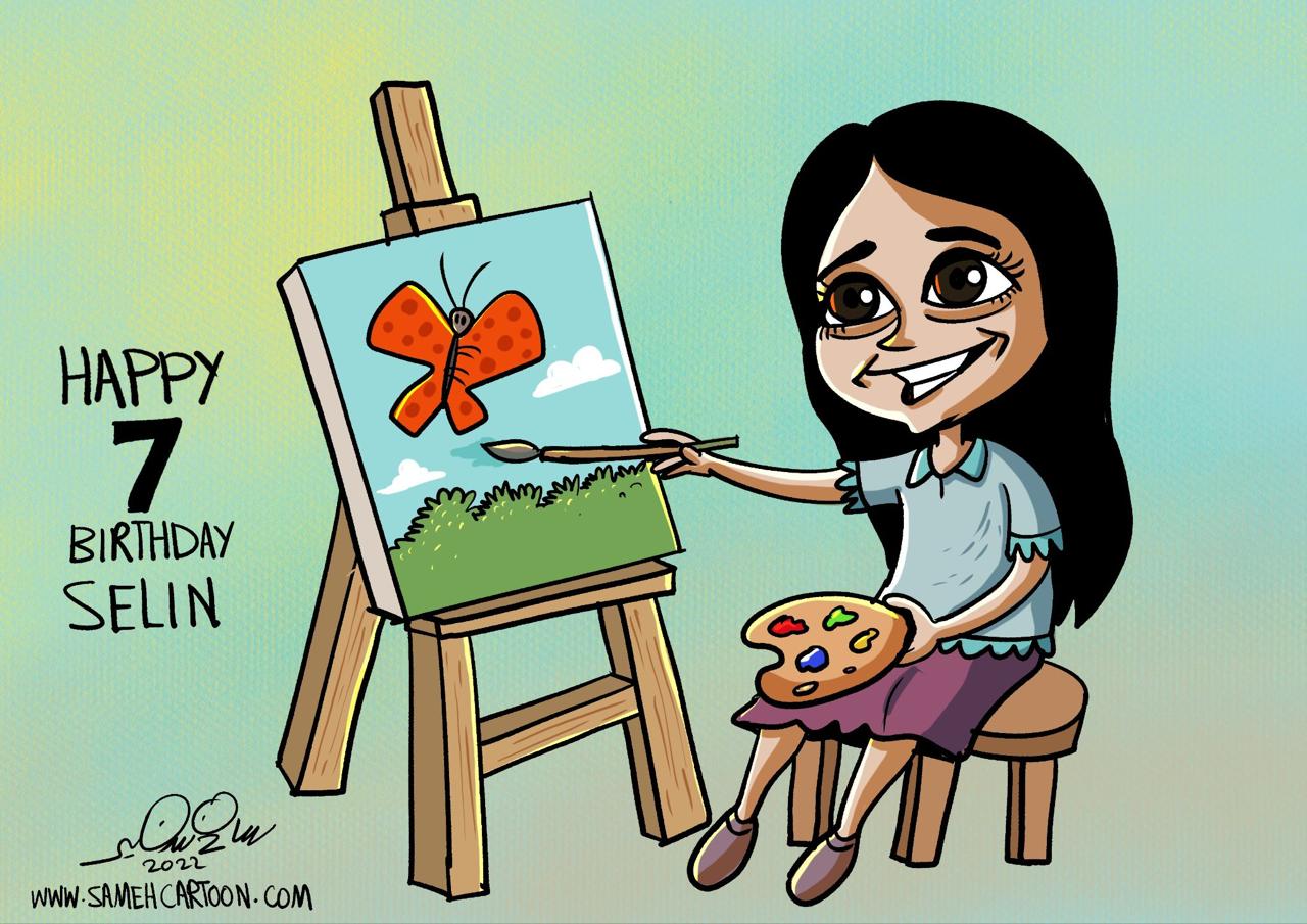 Birthday caricature of a girl painting a butterfly